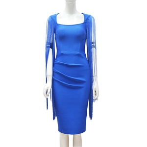Royal blue bodycon midi dress with square neck and long side fringe tassels