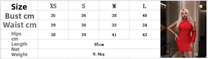 Size chart for red one-shoulder bodycon bandage dress showing XS to L measurements