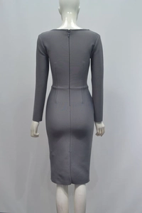 Detail of the gray long sleeve bodycon midi dress with back zipper and hem slit