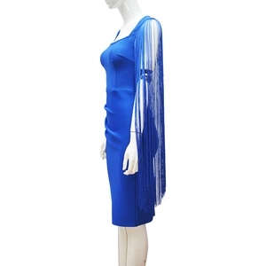 Royal blue bodycon midi dress with elegant long tassel sleeves and square neckline