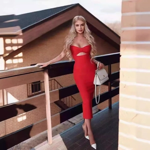 Vestito midi bandage rosso sexy con ritaglio e scollo a fascia per donne
