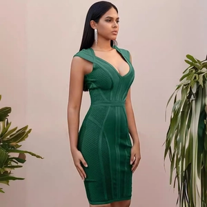 Elegante abito a fascia verde smeraldo senza maniche con scollo a V da donna estate