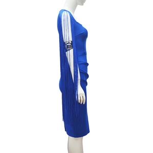 Deep blue sleeveless bodycon midi dress featuring long elegant fringe details