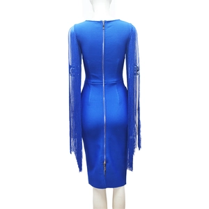 Elegant blue slim fit midi bandage dress with long fringe tassels and back metal zipper