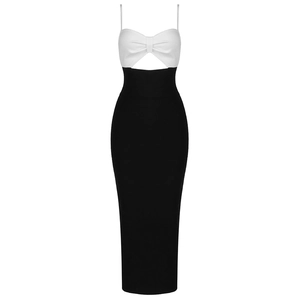 Elegante abito midi bandage bianco e nero con spalline sottili e dettaglio fiocco cut-out