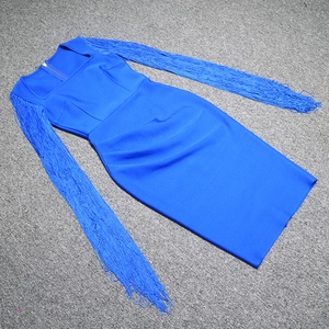 Detailed view of royal blue dress featuring long fringe sleeves and square neckline