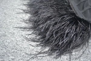 Detailed view of elegant black feather trim on a sexy bandage lace dress fabric