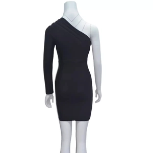 Elegant black one shoulder long sleeve bodycon mini dress with pleated neckline