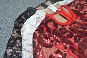 Detail of sequined lace embroidery and back zipper on elegant wide-leg jumpsuit garments
