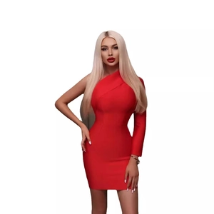 Elegant one-shoulder long sleeve red bodycon mini dress for formal party wear
