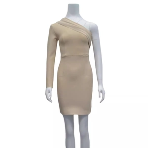 Elegant beige one-shoulder long sleeve bodycon mini dress with ribbed texture details