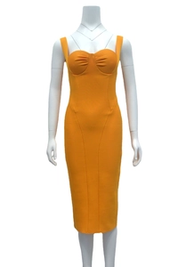 Sleek bright orange bandage dress with a bodycon fit and elegant ruched sweetheart neckline