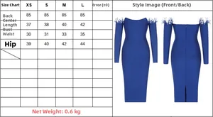 Size chart and detail views for off-shoulder bandage dress with feather trim