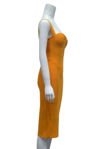 Elegant bright orange bodycon midi dress with sweetheart neckline and ruched chest detail