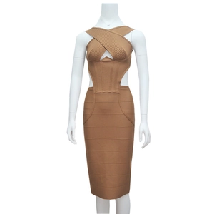 Elegant tan bandage dress featuring a halter neck cutout and tight ribbed bodycon fit