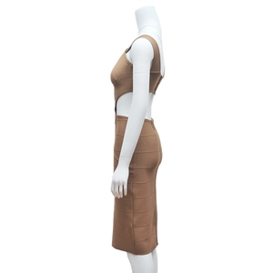 Detail of brown cutout bandage dress showing ribbed texture and side hollow-out design