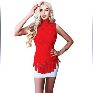 Women's red high neck sleeveless top with tassel hem and white mini skirt set