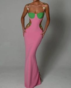 Women Sexy Bodycon Bandage Maxi Dress Cut Out Backless Party Evening Gown Gold Heart Metal Decor Contrast Color Long Dress