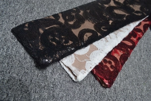 Detailed lace fabric texture with sequins and swirl patterns in black white and dark red