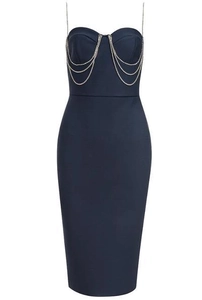 Abito da sera bandage blu navy con scollo a cuore e spalline con catena di strass