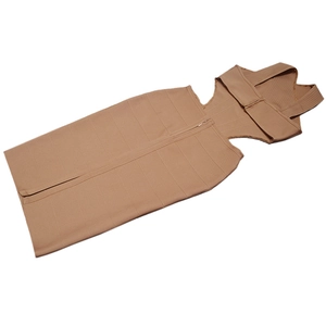 Flat lay of khaki cutout bandage dress featuring crisscross straps and front zipper