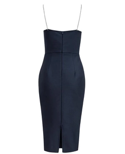 Elegante abito midi bandage nero con spalline a catena di diamanti e spacco posteriore