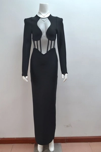 Detail of sheer mesh panels and corset-style bodice on this sexy black bandage maxi dress