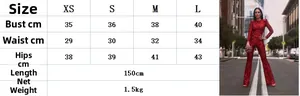 Detailed size chart for red sequin long sleeve jumpsuit with outdoor street style photo