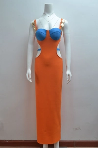 Sexy orange and light blue cutout bandage dress featuring gold heart metal charms