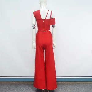 Detailed back view of red sexy two-piece set featuring cutout tank top and wide leg pants