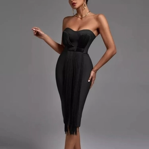 Elegant black strapless bandage dress for women featuring long rhythmic fringe details