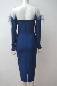 Detailed back view of navy off-shoulder bandage dress with elegant feather sleeves