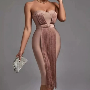 Elegant champagne bandage dress with long fringe trim and sleeveless boob tube design