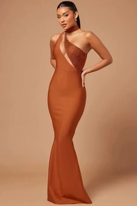 Detail of caramel one-shoulder evening dress with beaded embroidery and sequins