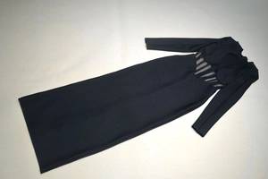 Close-up of sheer mesh patchwork and parallel strap detailing on a black bodycon dress