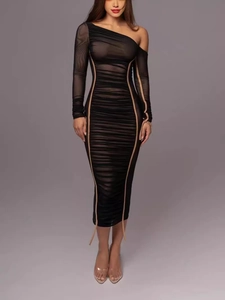 Elegant black one-shoulder mesh dress with long sleeves and pleated bodycon fit
