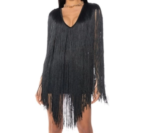 Detail of high-density long black fringe and deep V-neckline on this mini designer dress