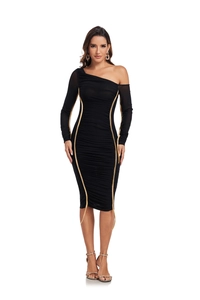 Detail of black one-shoulder party dress with mesh ruching and gold piping accents