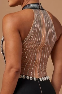 Detail of sheer mesh back with vertical rhinestones and crystal waist accents on a dress