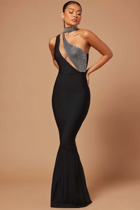 Detail of elegant black fisheye dress featuring cutout design and silver rhinestone panel