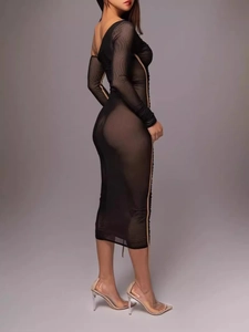 Elegant black one-shoulder mesh dress in slim fit with sheer texture and long sleeves