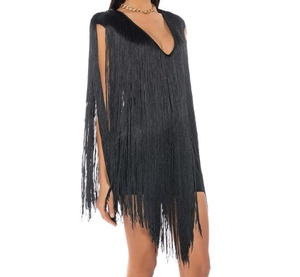 Detail of V-neck black fringe mini dress with layered high-gloss tassels and drapes