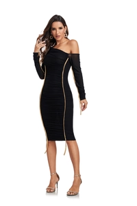 Detailed view of black ruched midi dress with elegant gold stripe accents and sheer mesh sleeves
