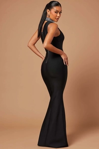 Detail of elegant black bandage dress featuring sparkling rhinestone collar and mermaid cut