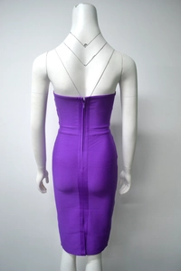 Detail view of purple bandage dress featuring a full-length back invisible zipper closure