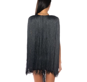 Detail of black fringe dress back view with a luxury gold chunky chain necklace