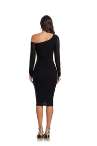 Rear view of black one-shoulder party dress with elegant gold trim and slim fit design