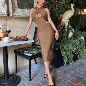 Women Sexy Halter Cross Cut Out Backless Bandage Dress Ribbed Bodycon Midi Party Club Elegant Evening Formal Pencil Dress