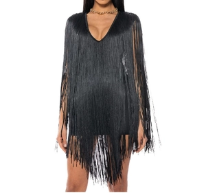Detail of elegant black deep V-neck fringe dress with vertical tiered tassel design