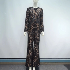 Elegant black lace sequined jumpsuit with cross bandages and wide-leg trousers silhouette